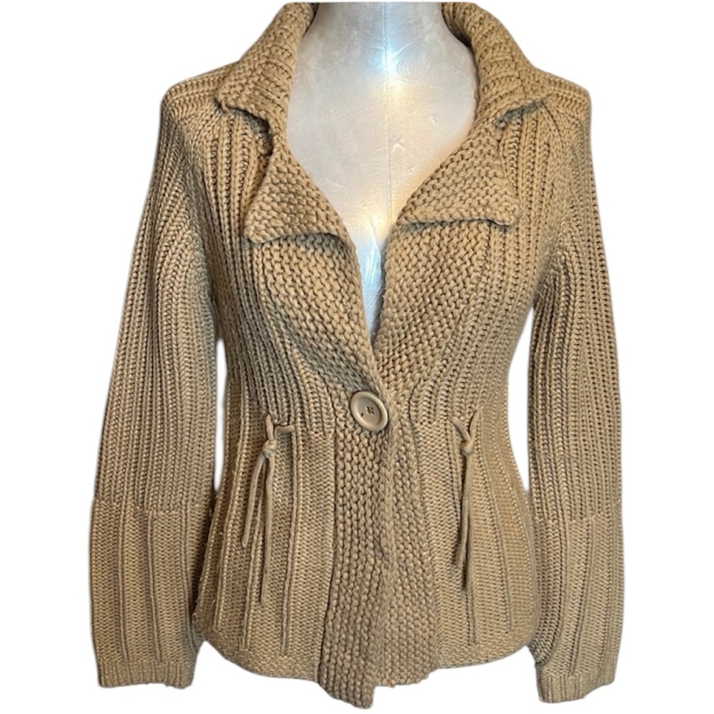 Pout Tan Chunky Knit Cardigan Sweater Single Button Bell Sleeve Medium